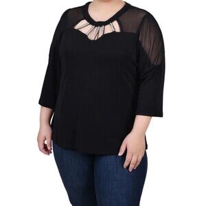 NY COLLECTION Top Womens Plus 1X Black Pullover Sheer Panel Sleeve Yoke Cut Out